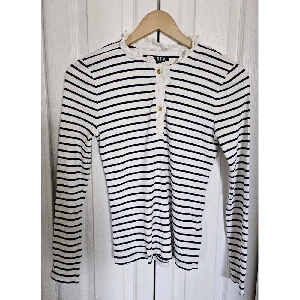 J. Crew Women's Ruffle-collar Long-Sleeve Shirt shirt instriped vintage Sz Small - Picture 3 of 16